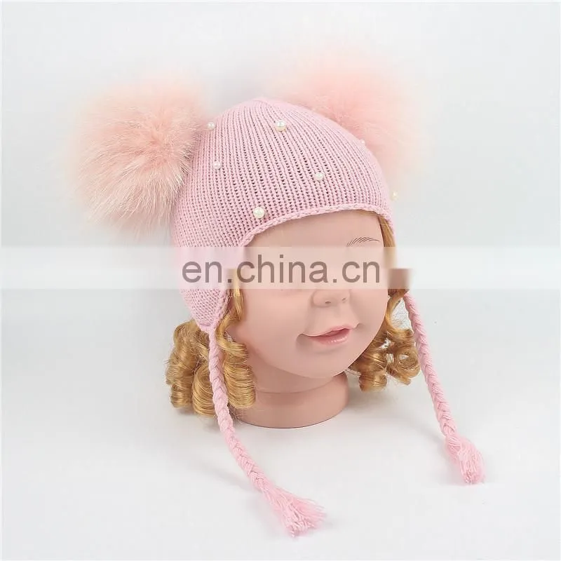 Wholesale Double Raccoon Fur Poms Cap Kids Hat With Fur Pom Pom