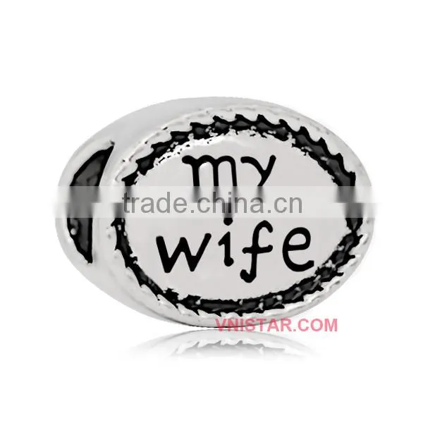 Vnistar Antique silver plated oval shped Friend & family name stamped European beads for bracelet jewelry PBD019