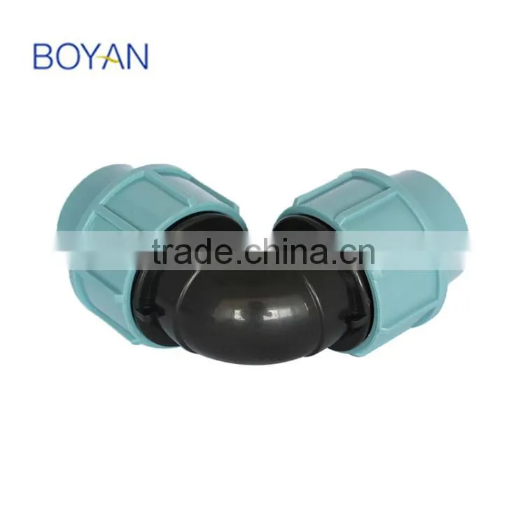 China Wholesale BOYAN zhejiang 20-110mm light blue for irrigation 90 degree elbow band pp commpression quick pipe fitting