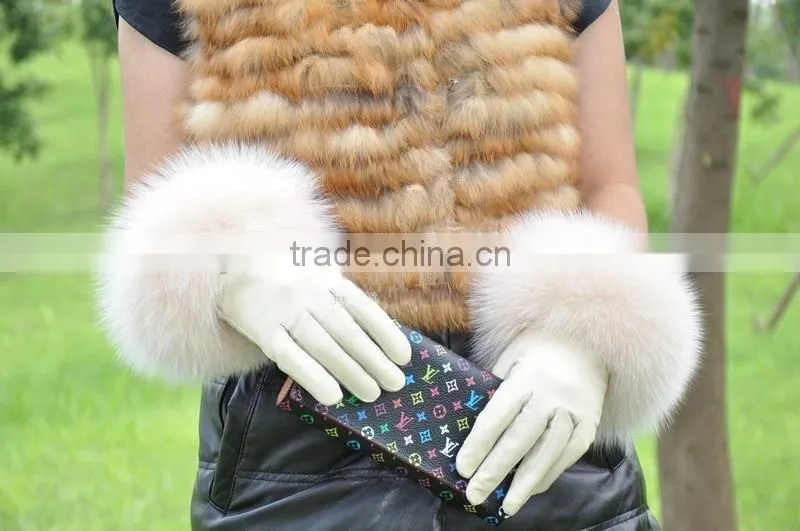 Top Luxury Fashion Desgin Beautiful Fox Fur Wrist Ladies Sheepskin Leather Gloves