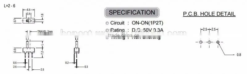 SS22F03 Vertical Type 2P2T Slide Switch