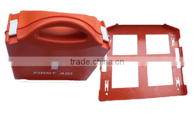 Red plastic first aid kit box din13169