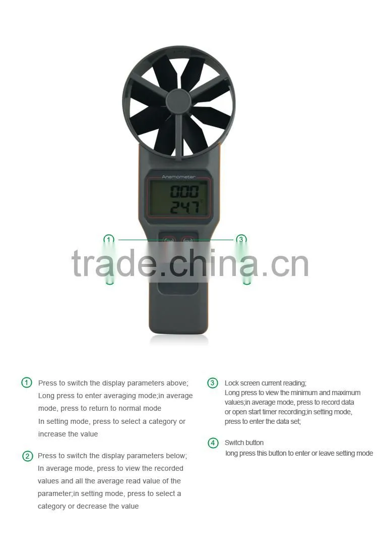 Measuring Wind Speed Air volume CO2 AirFlow Temperature Humidity DP Wet bulb Meter 10cm Vane Multifunctional Digital Anemometer