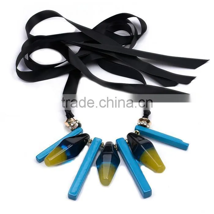Europe America new design exaggerated geometric acrylic pendant necklace adjustable silk ribbon necklace