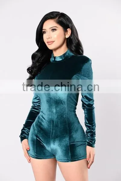 Women Velvet Romper Long Sleeve 95% Polyester 5% Spandex Stretch Velvet Designer Suits Designs Short Jumpsuit For Women
