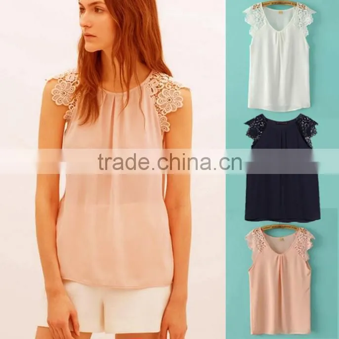 New Women Fashion Summer Lace Floral Hollow Splice Sleeveless Chiffon Blouses