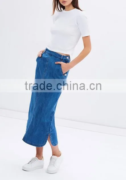 2016 Latest long high waist design pictures denim skirt