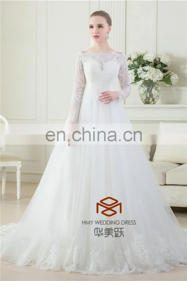 OEM Supply Muslim Long Sleeve Real Pictures Wedding Gown HMY-RP001 New Arrivals White Lace Appliques A Line 2015 Wedding Dress