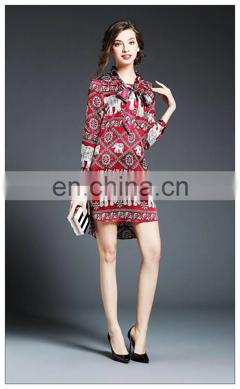 High quality ladies front short and back long tunic dress, print taffeta petite dress