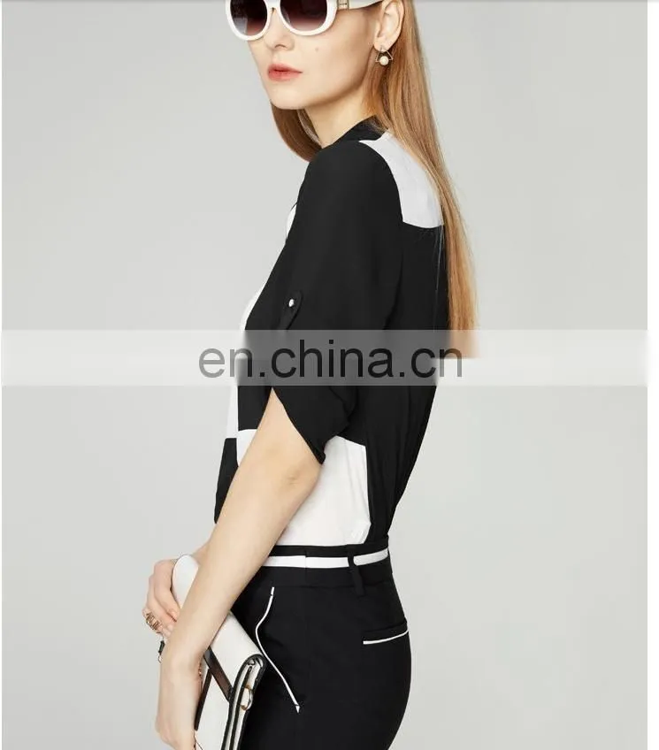 Latest fashion bliuse designs o- neck black white patchwork shirt