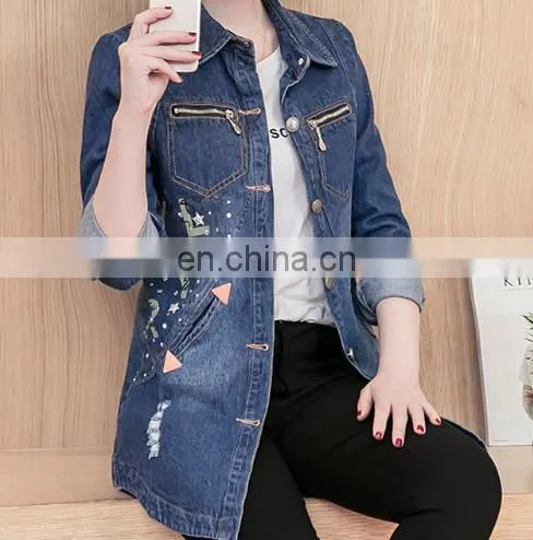 wholesale distressed denim jackets -Embroidered denim jacket