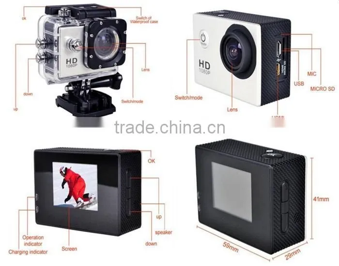 Factory Wholesale Waterproof Full HD 1080p Sport DV Action Camera 12MP 1.5 inch LCD screen 170 degree angle