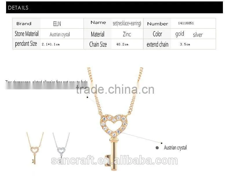 Love heart cubic zirconia best selling 2016 18k gold plated jewelry set