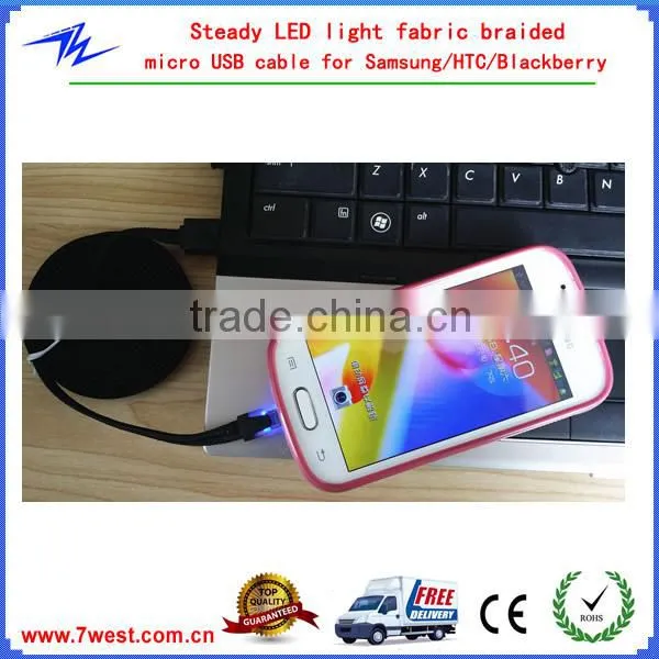 2M 6ft Flat Noodle Micro USB Sync Charger Data Cable Nylon Braided Cord With LED Light for iPhone Android Smartphones