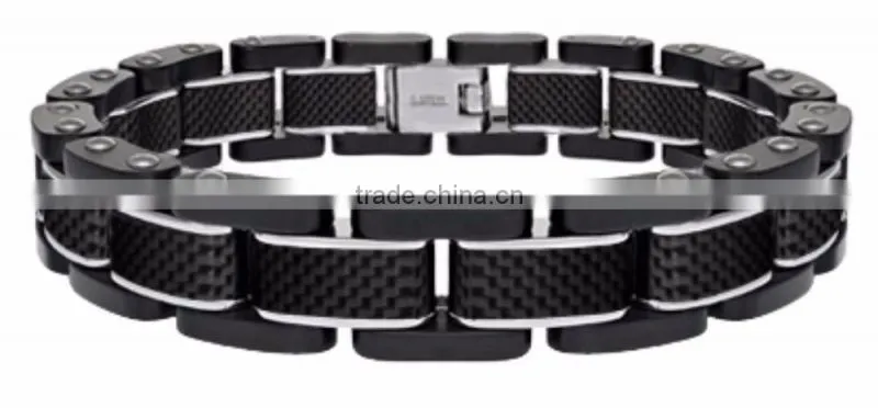 Fashion Men's stainless steel & carbon fiber Polished Bracelet Wholesale