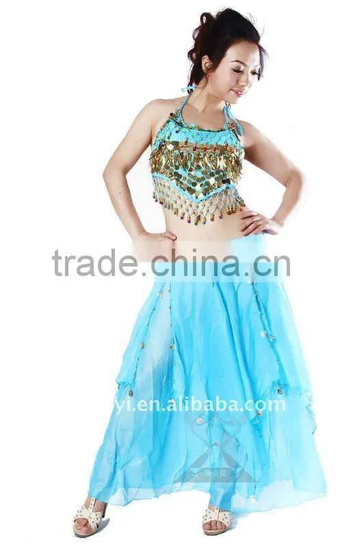 Chiffon Belly Dance Top with gold coins and beads for women dancers (SZ002)