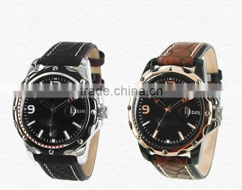 Classical model water resisant mens leather watches with calendar good quality from golden supplier