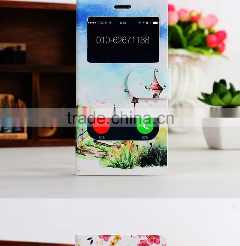 Double window Flower PU leather flip case for iphone 6,mobile phone case