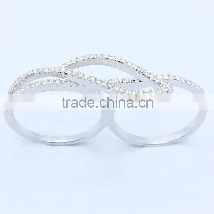 Two finger ring designs in 925 silver fashion zircon two finger ring wholesale