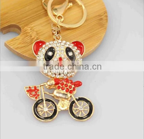 2014 Latest Animal Rhinestone Panda Riding Bike Key Chain, Gift Bag Pendant ZTKC-137
