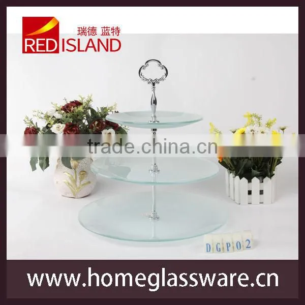 tempered clear glass plate set with metal holder, cake plate,