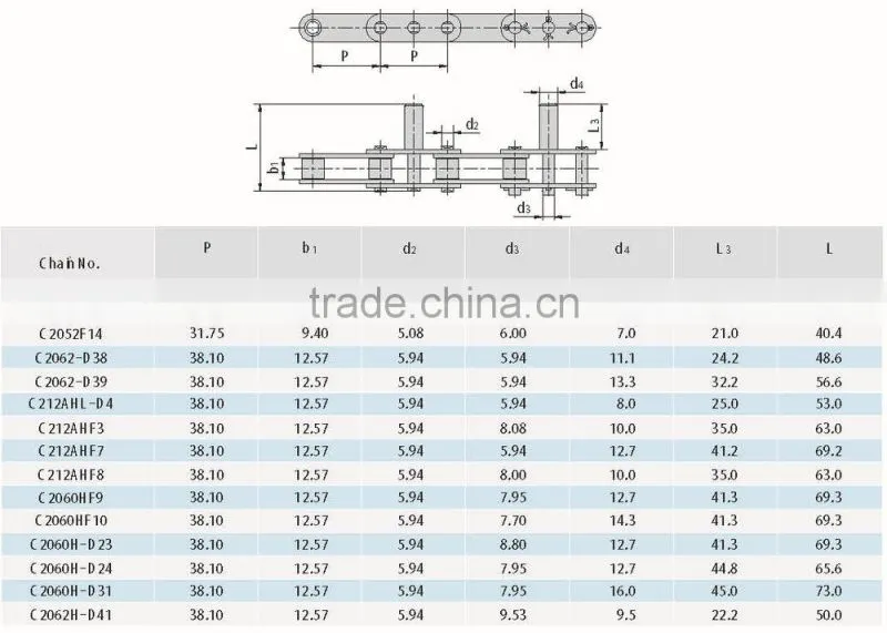 Double Pitch Stainless steel roller Chains with Extended Pin Attachments stainless steel chain conveyor