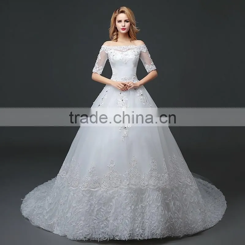 MGOO Manufacturer Off Shoulder Tail Wedding Dress Lace Up Ballgown Skirt Maternity Wedding Brail Party Dress