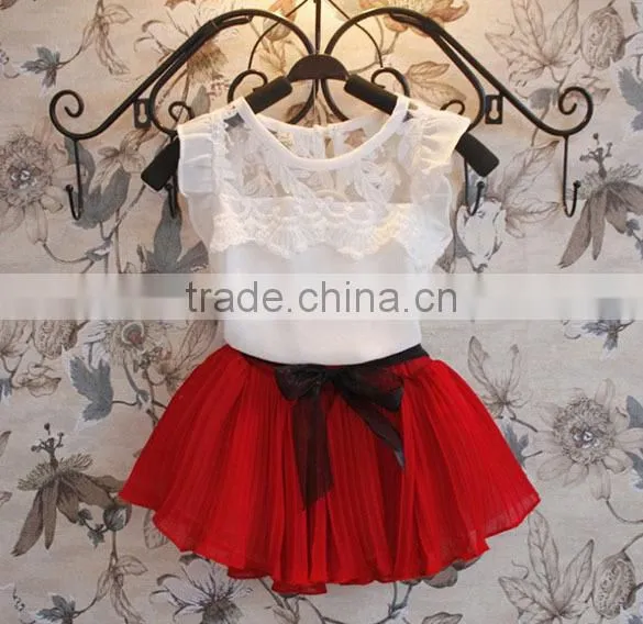 New 2pcs/set Baby Girl Children's Beauty Lace Agaric T-shirt Vest+ Mini Skirt Dress Bow Belt Skirt SV009464#