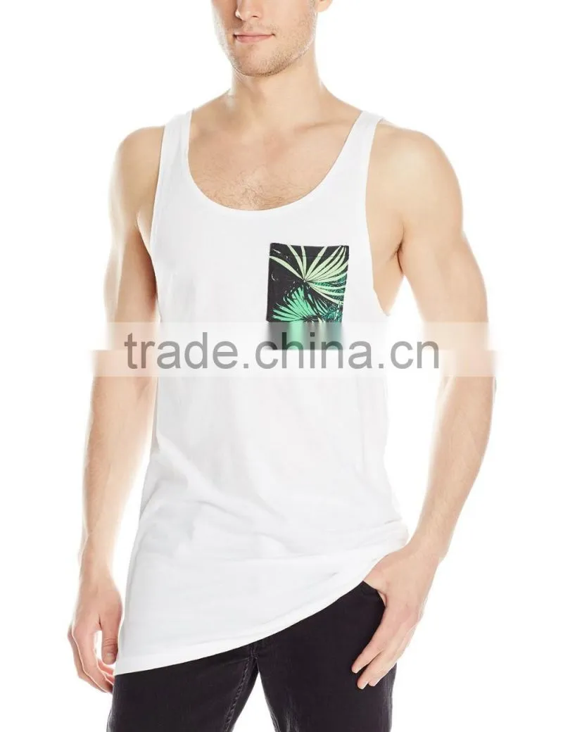 High quality white slim fit digital printing sports wear,gym wear singlet/tank top with printed pocket