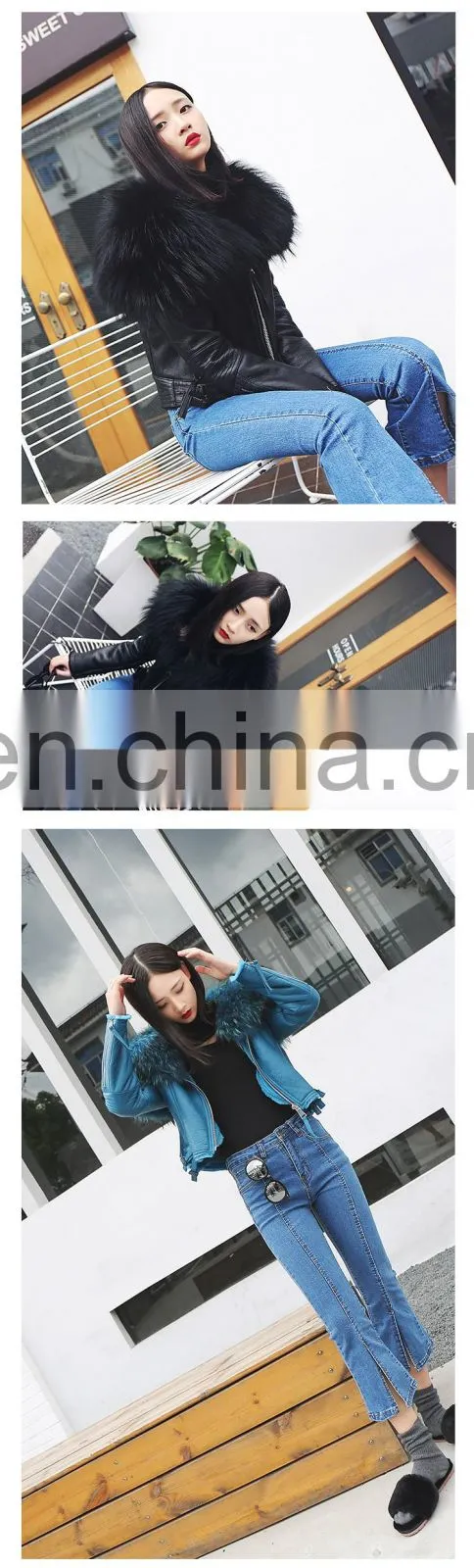 High Fashion Red Real Leather Jackets for Women / Raccoon Fur Collar Leather Jacket Made in China