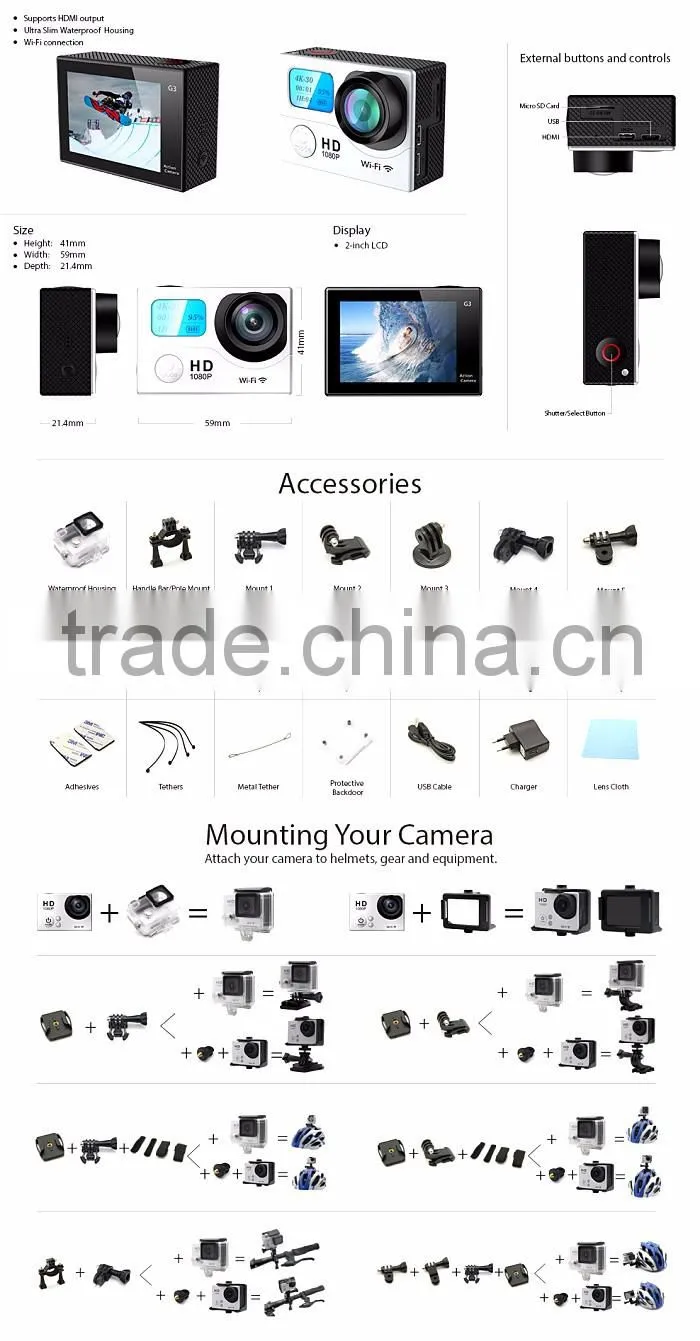 G3 Waterprooffull HD 1080P 60FPS 1080P Hd Mini Sport Action mini wifi Sport Action Camera