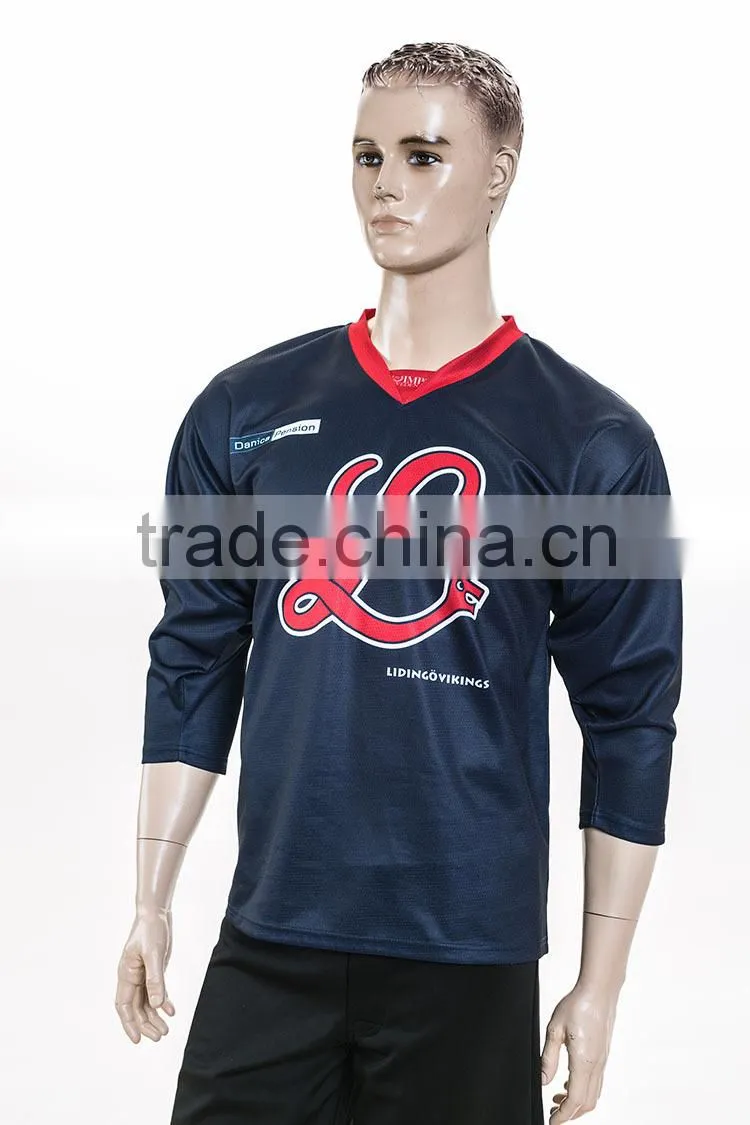 royal navy color with red neck printing sewing hockey t-shirt