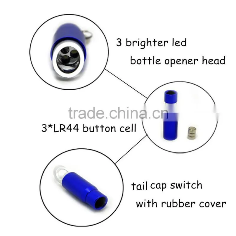 (1500348) Promotional Aluminum Mini 3 LED Flashlight Keychain with Bottle Opener