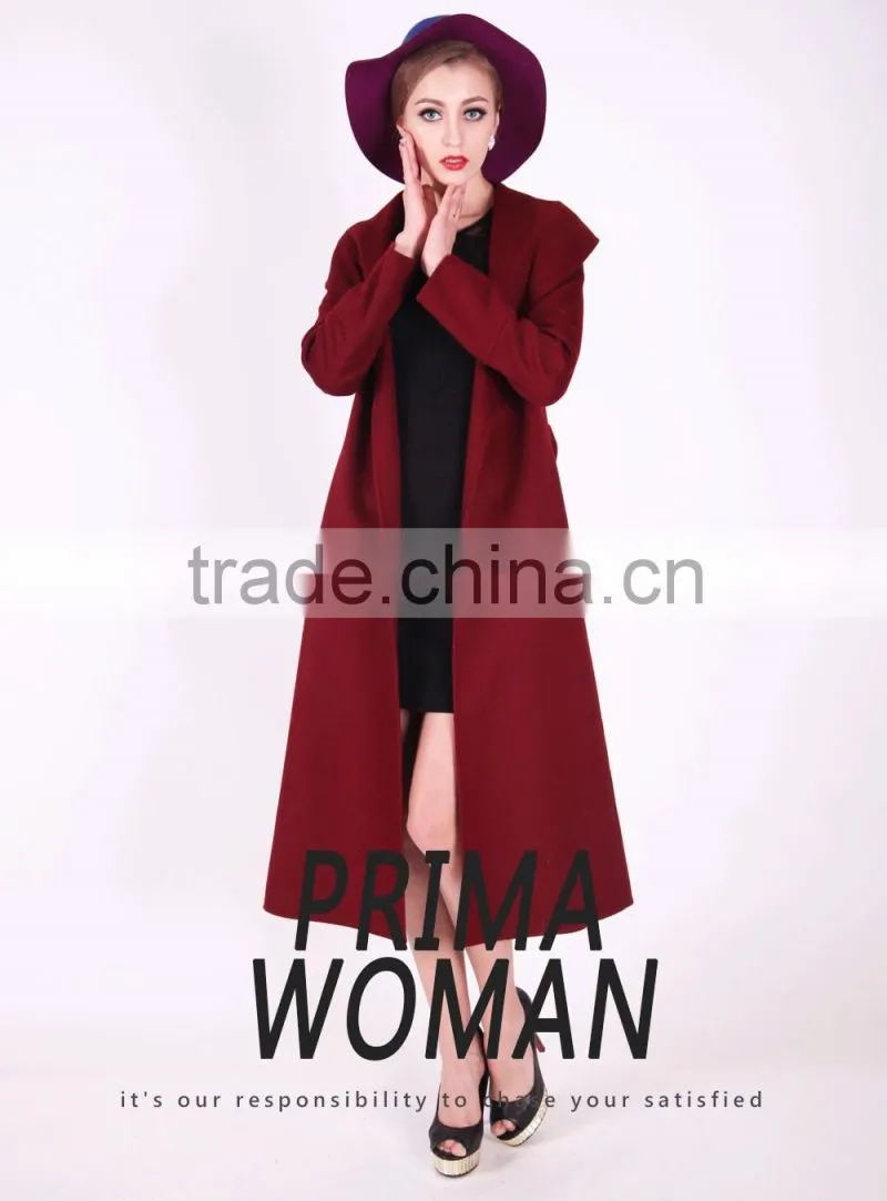 2016 New Design Spring Women Slim Fit Long Wool Coat With Belt