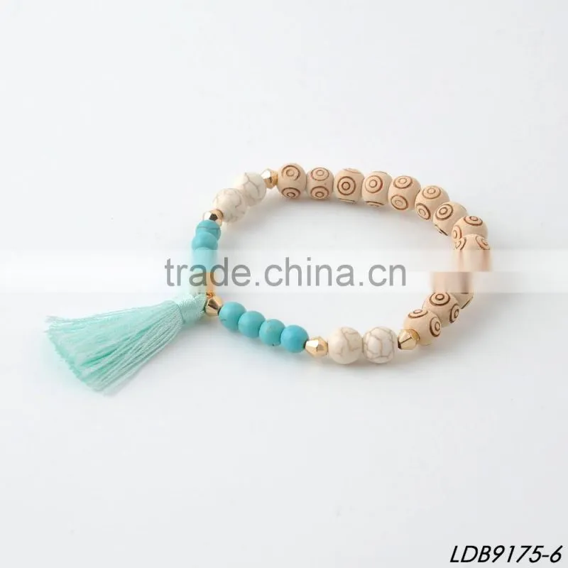 turquoise stone bead spiritual wooden bead bracelet with tassel