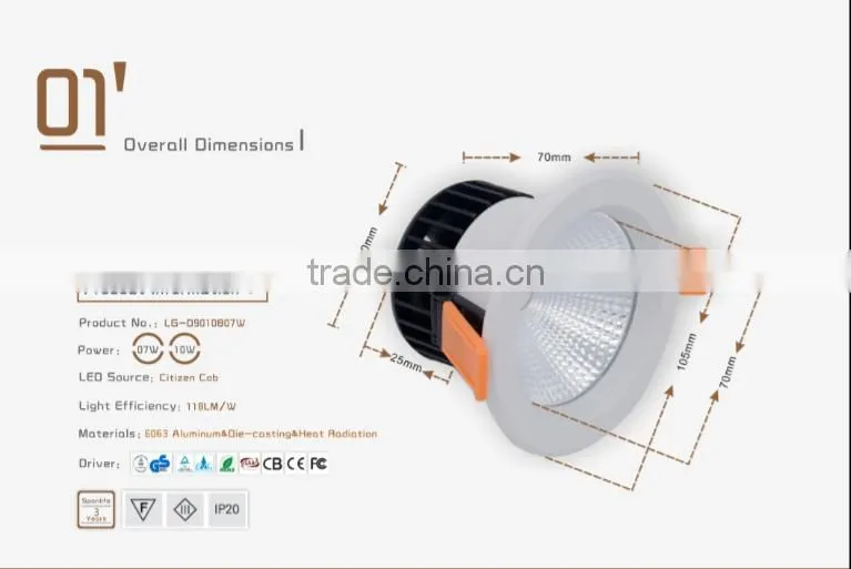 5W 1210Lumens SAMSUNG SMD 140mm Cut Out LED Aluminum Recessed Downlight
