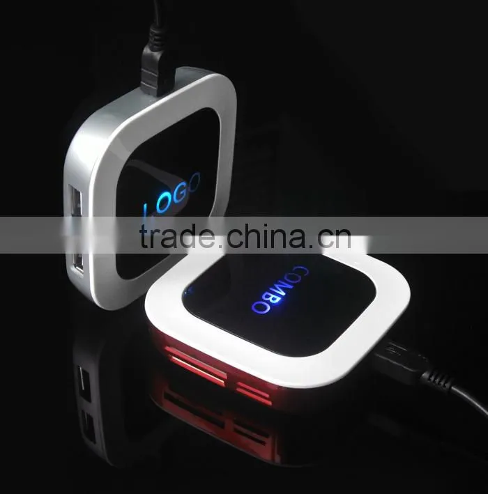 High Speed 2 Port USB HUB With card reader Combo with Light-up LED Logo