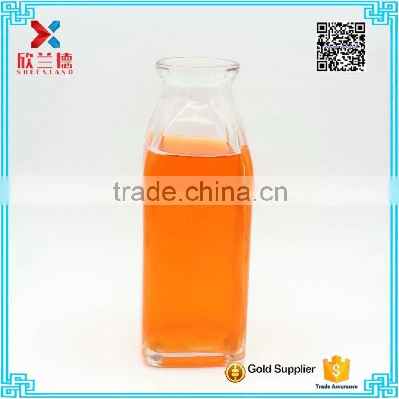 300ml square milk glass beverage juice bottle with crimp neck