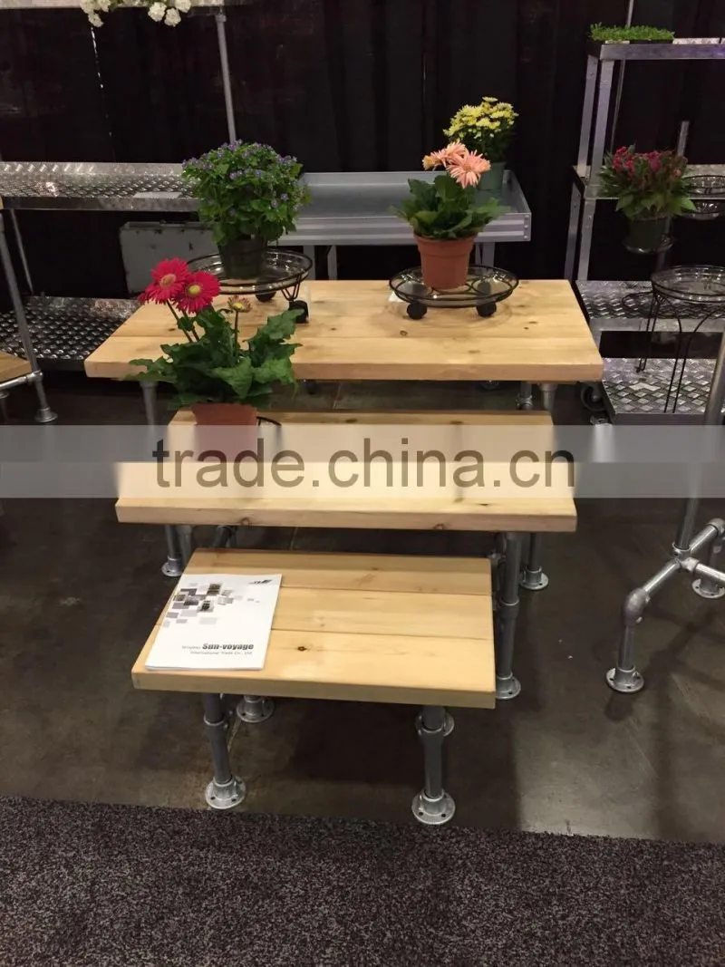 wooden flower tables for shop displaying, show flower racks
