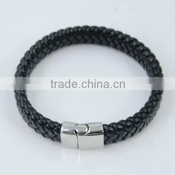 Fashion Rose gold bracelet and black leather stainless steel bangle