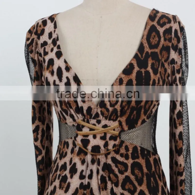 NEW ARRIVAL Sexy leopard bodycon dress 2016 deep V neck net dress custom dress supplier
