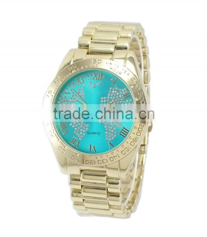 Hot selling fashion design colorful map dials good qiality alloy bracelet watches ladies women