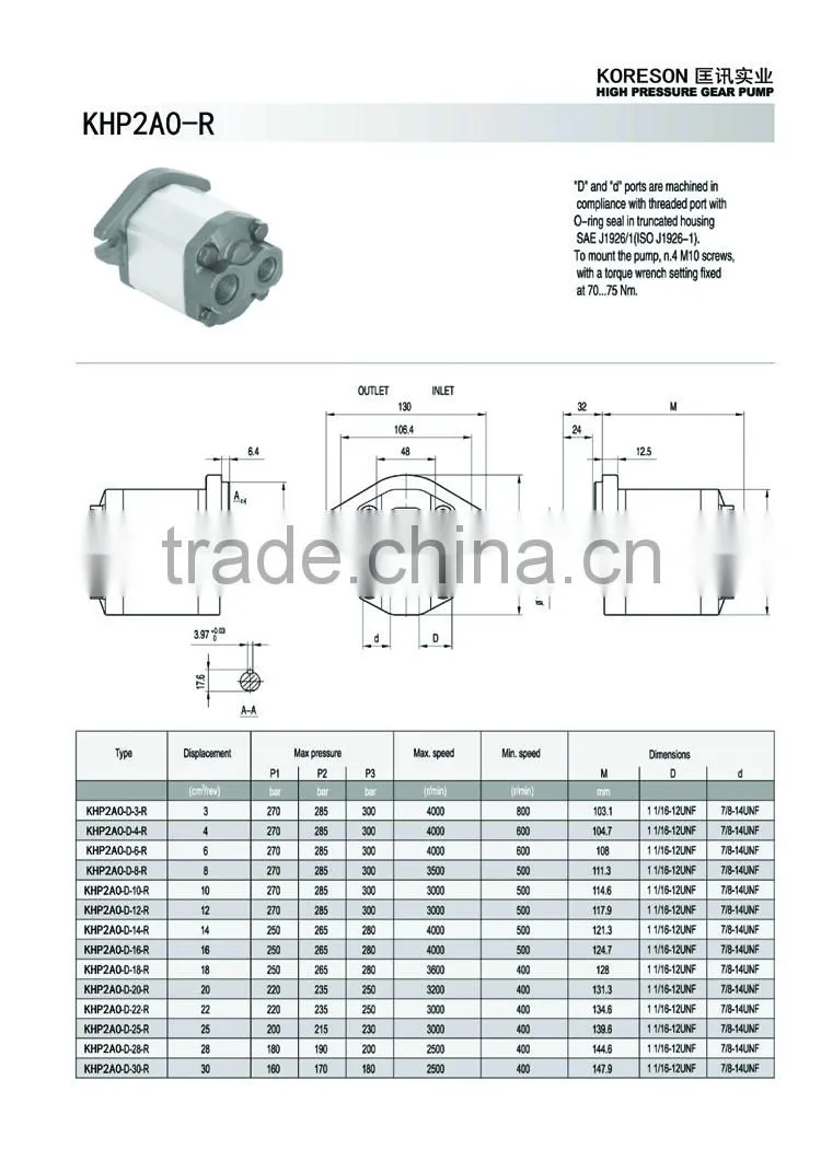 Group 20 Hydraulic Oil transfer Gear Pump KHP2A0-R for Dump Truck