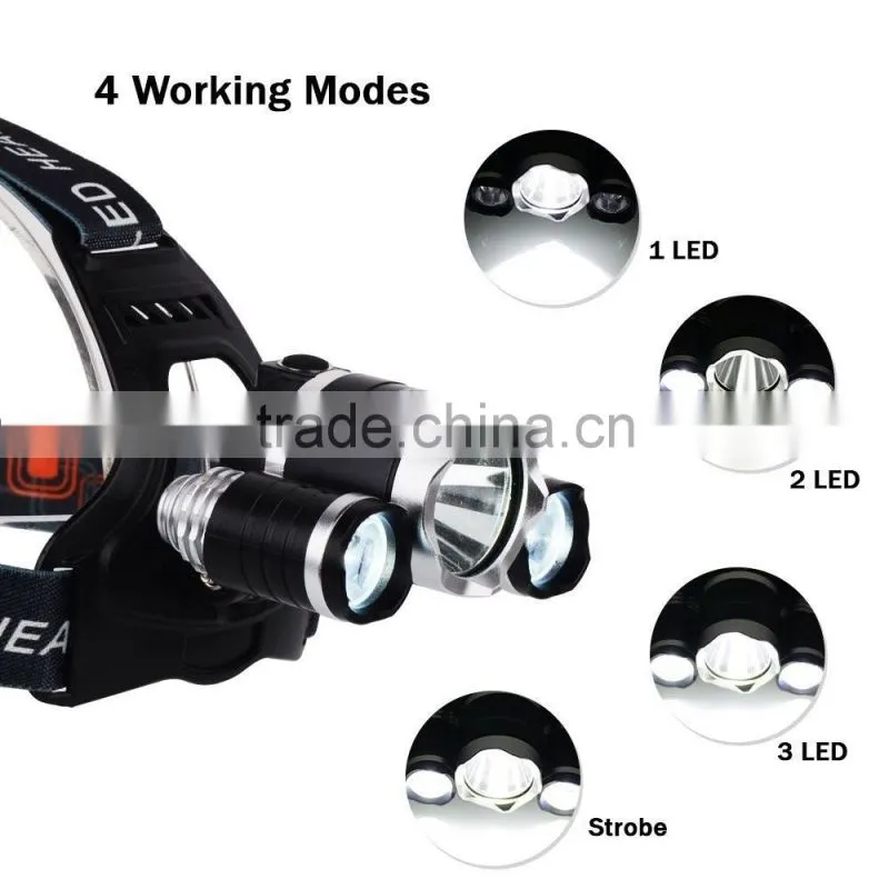 Rechargeable 5000 Lumen 3x CR EE XM-L T6 LED Headlamp,Flashlight Camping hunting Headlight,LED rechargeable high power Headlamp