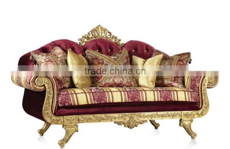 New design European living room solid wood hand carving red flower pattern fabric sofa set