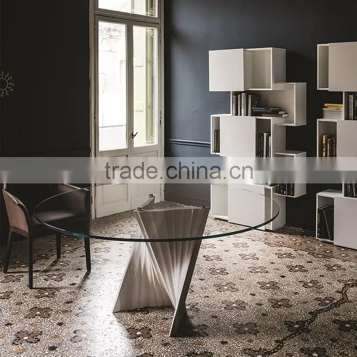 Special Design Hot Sale Plisse Travertine base Round Tempered Glass Top Dining Table On Sale