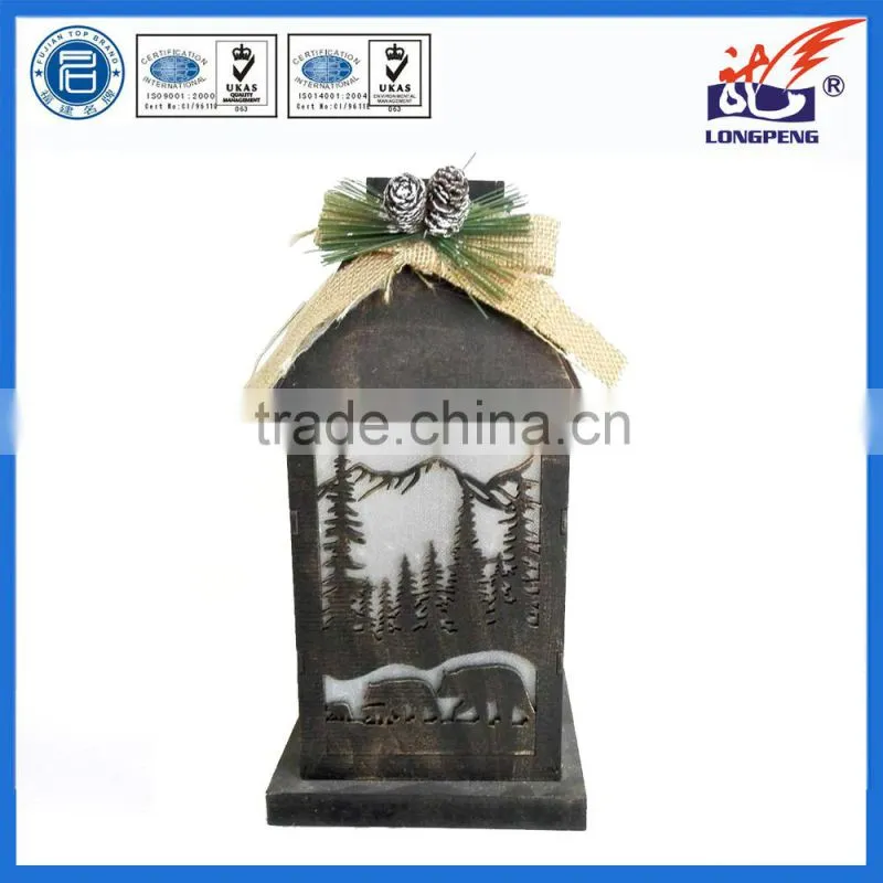 10" Rustic Wooden Lantern with Brown Metal Top and LED Flameless Pillar Candle with Classic Design