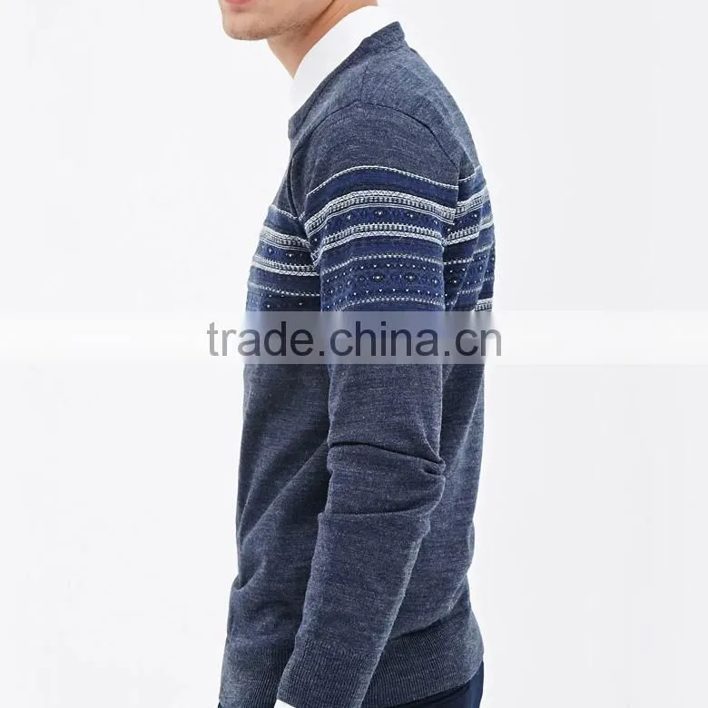 crew neck pullover blend custom geometrical stripe pattern design men knit sweaters