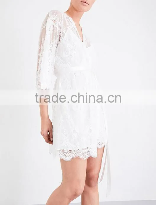 2017 new arrival ladies luxury silk satin robe, sheer floral-lace kimono robe