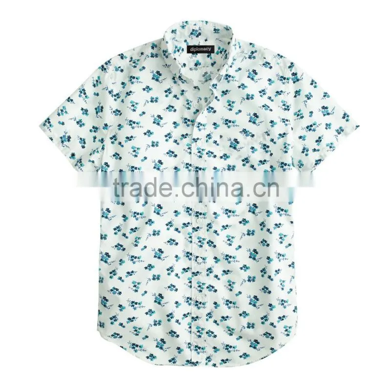 2015 latest style cotton mens custom shirt button-down collar short sleeve shirt in seaport floral print